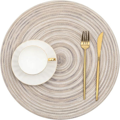 SHACOS Round Braided Placemats 15 inch Set of 6 Washable Kitchen Table Placemats for Home Wedding Party (Rainbow Gray, 6)