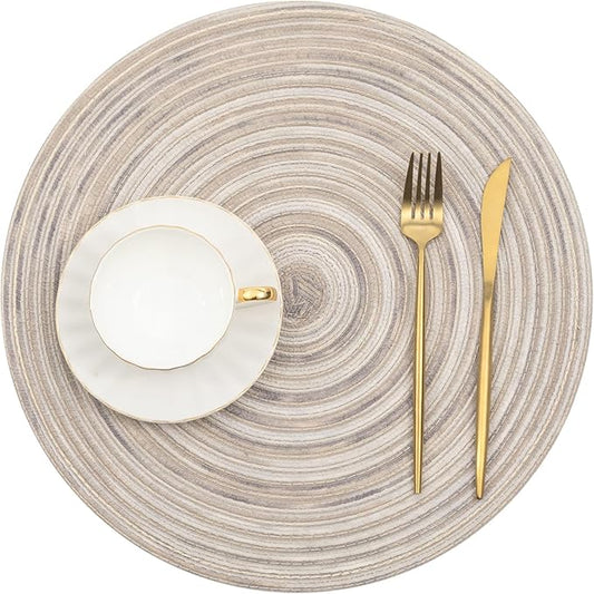 SHACOS Round Braided Placemats 15 inch Set of 6 Washable Kitchen Table Placemats for Home Wedding Party (Rainbow Gray, 6)
