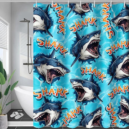 AILONEN Blue Shark Shower Curtain,Scream Shark Bath Curtain Gifts for Kids,Ocean Animal Polyester Waterproof with 12 Plastic Hooks, 48" W*72" H Blue