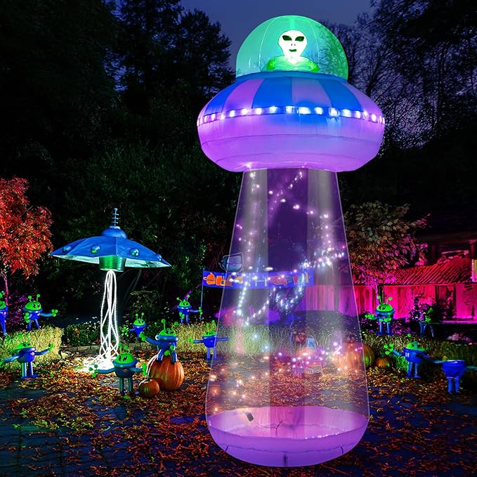 OurWarm 10 FT Halloween Inflatables Outdoor Decorations, Alien Blow Up Yard Decorations with LED Lights, UFO Inflatable Halloween Decorations for Outdoor Holiday Party Garden Lawn Decor
