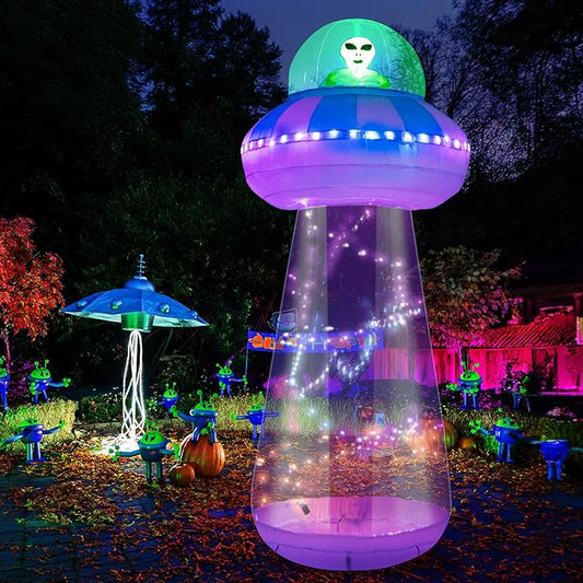 OurWarm 10 FT Halloween Inflatables Outdoor Decorations, Alien Blow Up Yard Decorations with LED Lights, UFO Inflatable Halloween Decorations for Outdoor Holiday Party Garden Lawn Decor