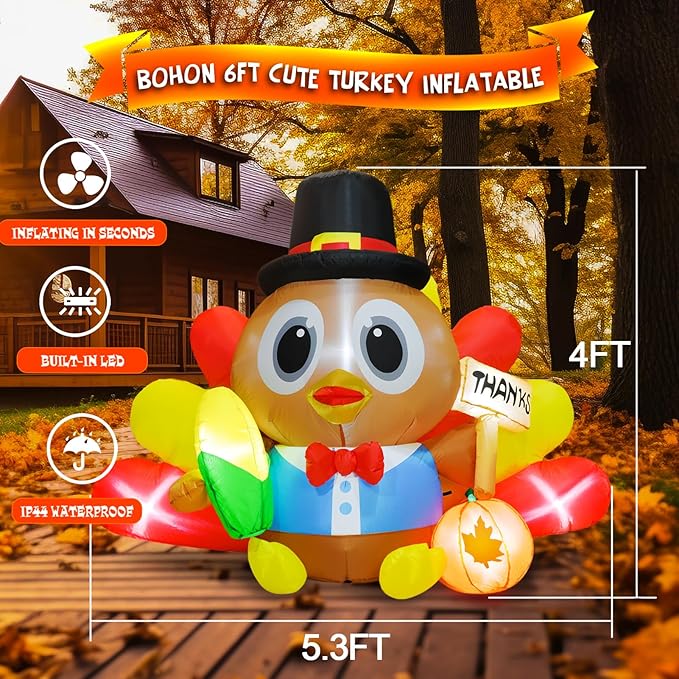 BOHON 5.3 FT Long Inflatable Turkey Outdoor Thanksgiving Decoration with Colorful Big Tail & Pilgrim Hat, Built-in LED Lights, Blow Up Yard Decoration for Yard Indoor Party Garden Lawn Decor
