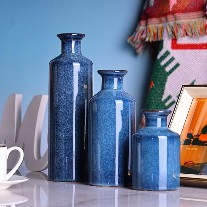 Navy Blue Ceramic Vases Set 3,Modern Farmhouse for Home Decor Bottles,Small Rustic Terracotta Vase for Living Room,CoffeeTable Centerpieces,Fireplace,Entrance,Bookshelf,Dark Blue Coastal Decor