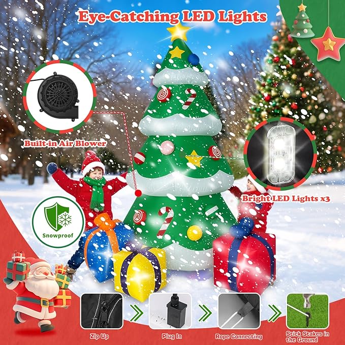 7 FT Christmas Inflatable Tree Outdoor Decorations, Blow up Christmas Tree with 3 Gift Boxes Yard Decoration Built-in LED Lights for Garden Lawn Holiday Decor