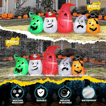 B&D 8FT Long Halloween Inflatables Ghost Outdoor Decorations, 5 Pirate Ghosts Inflatable Halloween Decorations with Color Changing RGB Lights Halloween Blow Ups for Party, Garden, Yard, Lawn Decor