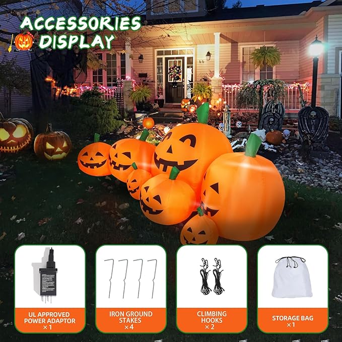 DearSun 8.0FT Long Halloween Inflatable Pumpkin Patch Fall Inflatable Thanksgiving Inflatable Pumpkin Patch Blow up Pumpkin Decor Outer Large Party Yard Decoration