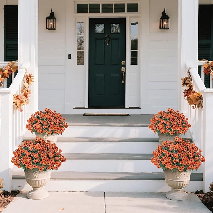 8 Bundles 17" Artificial Flowers for Outdoor Fall Decoration,Fake Silk Daisy Bouquet Faux Plants UV Resistant for Front Door Planter Outside Home Garden Yard Porch Thanksgiving Autumn Decor (Orange)