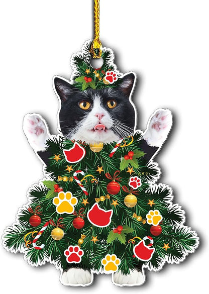 Tuxedo Cat Christmas Ornament - Adorable Cat Dressed as a Tree - Black and White Festive Holiday Decoration