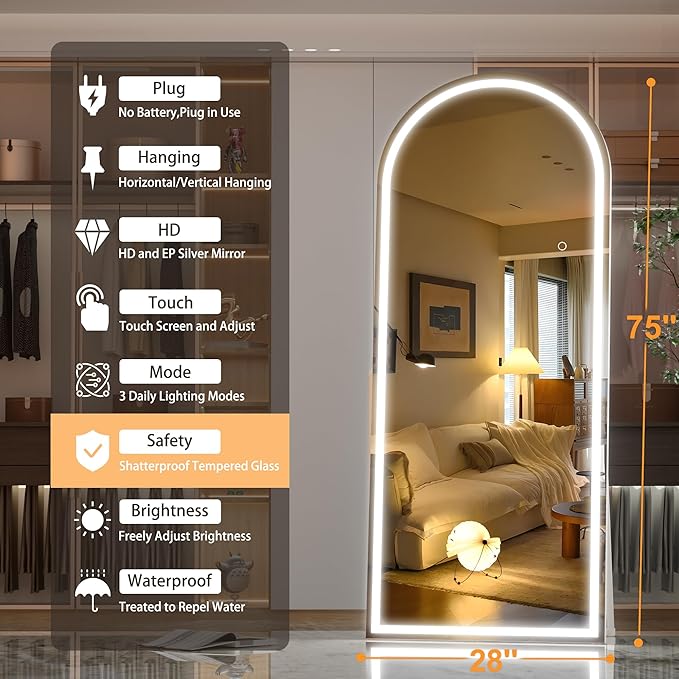 Hasipu 75" x 28" Led Mirror Full Length, Full Length Mirror with Lights Arch Design,Tempered Glass,Shatter-Proof, Dimming & 3 Color Modes for Bedroom Cloakroom-UL