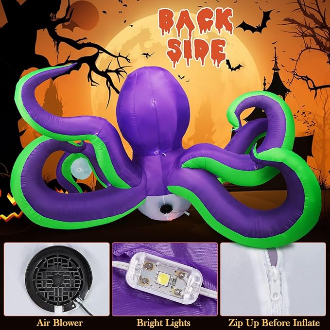Camuland 6.5Ft Long Halloween Inflatables Giant Octopus Purple LED Light Blow up Halloween Decor Inflatable Outdoor Halloween Decorations for Holiday Party Yard Lawn
