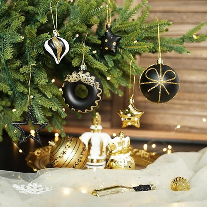 SHareconn 70pcs 2025 Classic Christmas Balls Ornaments Set, Shatterproof Plastic Baubles for Xmas Tree Holiday Wedding Party Decorations with Hanging Strings, Black, White and Gold