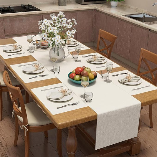 homing Cotton Linen Placemats Set of 6 and Table Runner 90" Long, Cream Washable Cloth Place Mats with Table Runner for Indoors & Outdoors, Easy to Clean