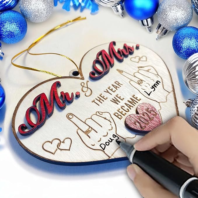 Mr and Mrs 2025 Wedding Gifts - First Christmas Married Ornament for Couples, Bride - Easily Add Personal Name With Marker (Not Included)