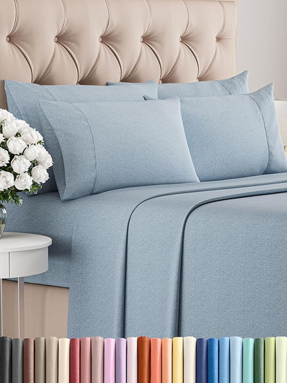 CGK Linens Cal King 6 Piece Sheet Set - Cooling Sheets for Hot Sleepers - Hotel Luxury Bedding Set w/ 8-16 Inch Deep Pockets - 1 Flat & 1 Fitted & 4 Pillowcases - Soft & Wrinkle Free - Heathered Blue