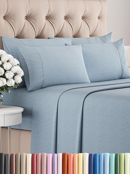 CGK Linens Cal King 6 Piece Sheet Set - Cooling Sheets for Hot Sleepers - Hotel Luxury Bedding Set w/ 8-16 Inch Deep Pockets - 1 Flat & 1 Fitted & 4 Pillowcases - Soft & Wrinkle Free - Heathered Blue