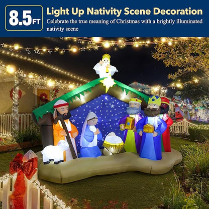 8.5 FT Christmas Inflatables Nativity Scene Outdoor Decorations, Christmas Blow Up Yard Decorations Nativity Sets for Garden Lawn Xmas Decor