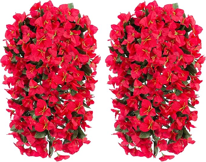 Artificial Faux Bougainvillea Flowers Plants for Outdoor Outside Summer Decoration, 2 PCS Fake Silk UV Resistant Look Real Long Trailing Vines for Front Door Porch Planter Urn Patio Balcony, Red