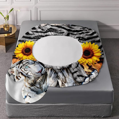 AILONEN Tiger Fitted Sheet Set Full Size, 3 Pieces White Tiger Fur Printed Bed Sheet Set,Kids Boys Girls Sunflower Tiger Sheet Set,Butterfly Tiger Fitted Sheet with 2 Pillowcases