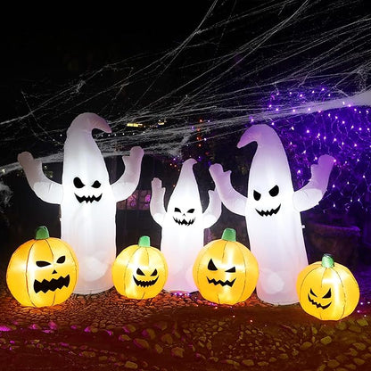 SAND MINE 8 FT Long Lighted Halloween Inflatable Ghosts with Pumpkins, Halloween Blow Up Decorations for Halloween Indoor Outdoor Garden Lawn Party Yard Decorations