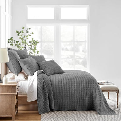 Levtex Home Mills Waffle Twin Bedspread Set (84x104in) with 1 Pillow Sham (26x20in) - Charcoal - 100% Cotton Twin Size Bedspread Set - Lightweight, Soft, Pre-Washed