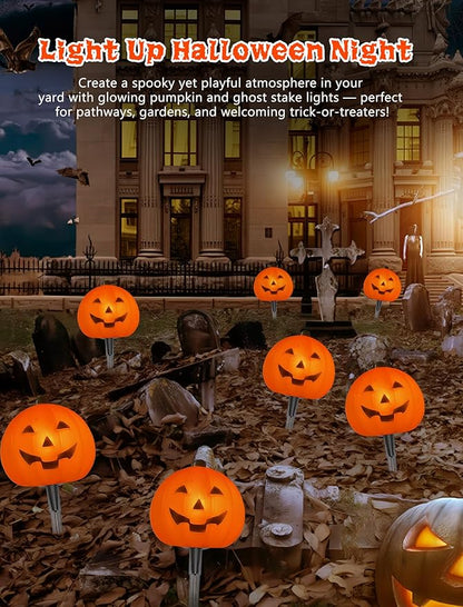 Halloween Pumpkin Pathway Lights, 4PCS 3D Pumpkin Light with Stake, C7 Outdoor Connectable Pumpkin Shaped Pathway String Lights for Patio Yard Lawn Walkway Halloween Party Decor, Black Wire