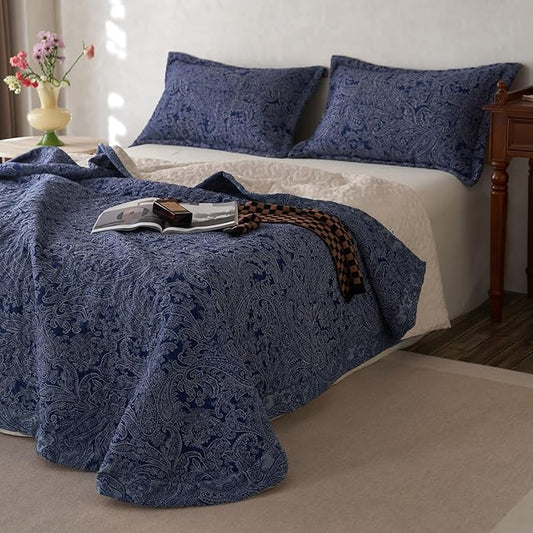 mixinni Navy Blue Floral King Size Quilt Set Soft Cotton Double-Layer Neutral Style Paisley Quilt Bedding Set Farmhouse Bedspread Coverlet Sets, 3-Pieces Including Pillow Shams (106x96 Inches)