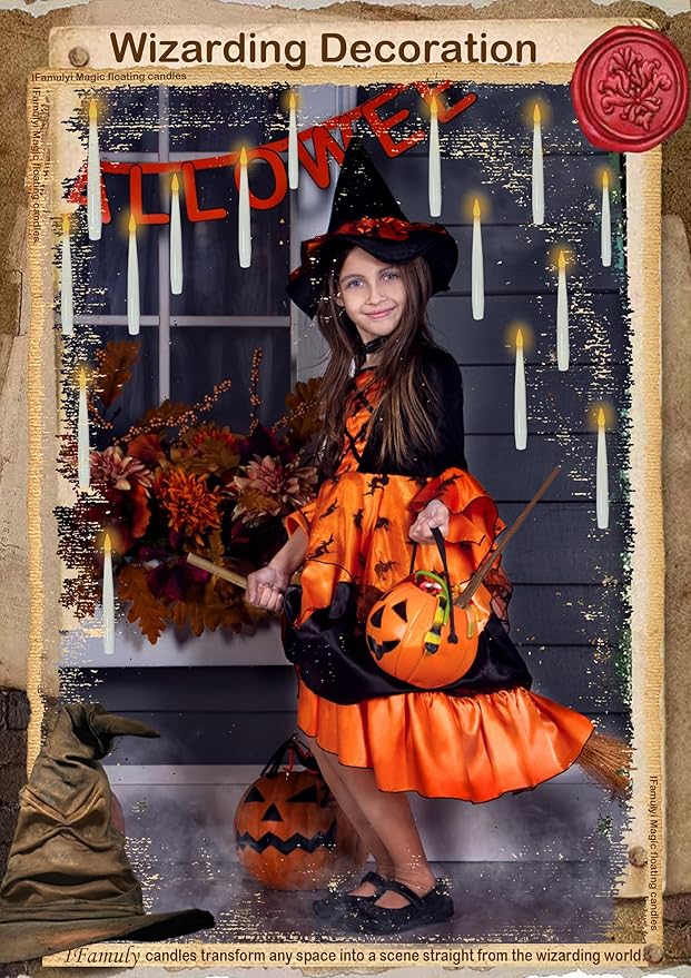 Halloween Decorations, 20 PCs Floating Candles with Wand, Magic Hanging Candles, Flickering Warm Light Flameless Floating LED Candle with Wand Remote, Battery Operated Taper Candle Set for Theme Party
