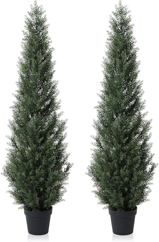 6 Feet Pre-Potted Evergreen Outdoor Artificial Cedar Tree for Front Porch Decor, Outdoor Entryway Decor Fake Tree, Tall Faux Tree with UV Resistant Coating (2 Pack)