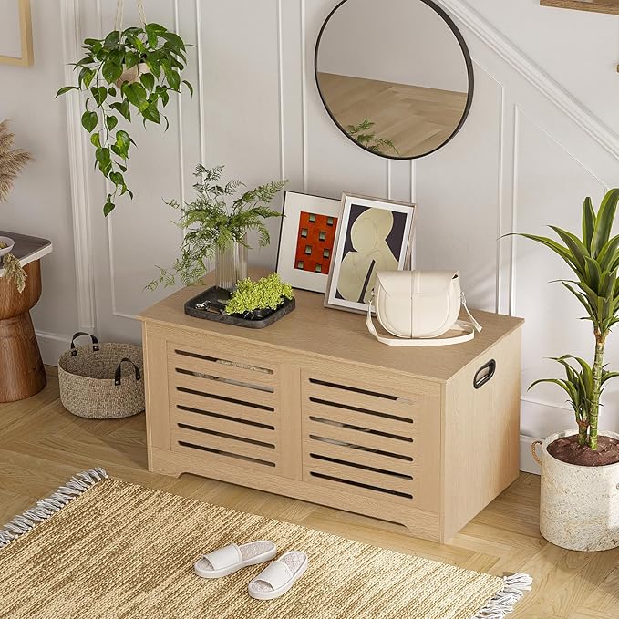 DINZI LVJ Storage Chest, 39.4”Wooden Storage Box with 2 Safety Hinges, Entryway Shoe Bench with Flip-Top, Farmhouse Style Trunk for Living Room, Bedroom, Play Room, Easy Assembly, Natural