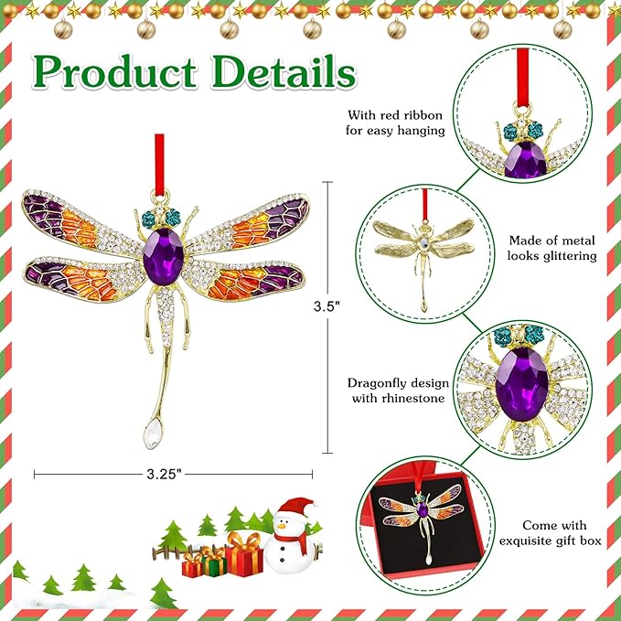 WhatSign 2025 Dragonfly Christmas Ornaments - Metal Purple Ornaments for Christmas Tree Decorations Colorful Keepsake Gifts for Women Girls Kids Nature Lovers