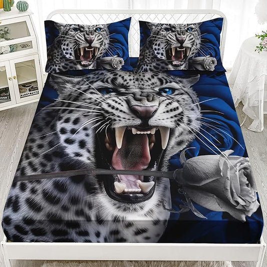 AILONEN Leopard Fitted Sheet Set Queen Size, Roaring Cheetah Print Bed Sheet Set,Blue Rose Bedding Grey Leopard Sheet Set,Wildlife Bed Sheet Set Animal Themed Fitted Sheet and 2 Pillowcases,3 Pieces