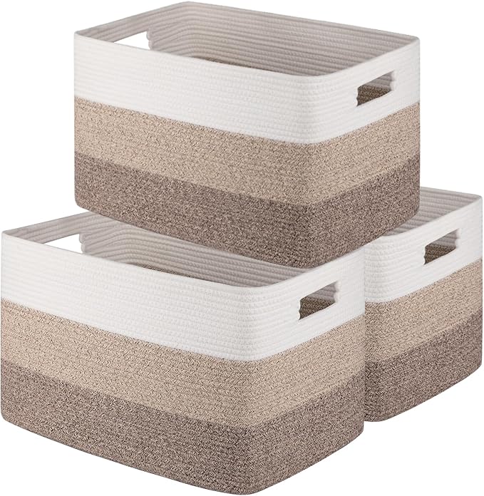 OIAHOMY Rectangle Woven Storage Basket - Nursery Cotton Rope Baskets for Storage For Living Room, Toy and Blanket Organizing, 18"x14"x12"- Pack of 3 - Gradient Yellow