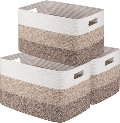 OIAHOMY Rectangle Woven Storage Basket - Nursery Cotton Rope Baskets for Storage For Living Room, Toy and Blanket Organizing, 18"x14"x12"- Pack of 3 - Gradient Yellow