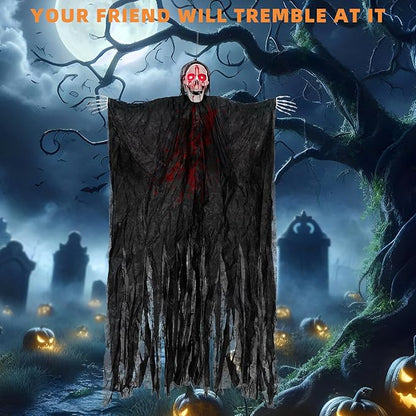 Halloween Decorations Outdoor and Indoor,67" Scary Hanging Ghosts,Halloween Grim Reaper Skeleton with Light-Up Eyes and Creepy Sound,Party Decorations for Yard,Haunted House Decor