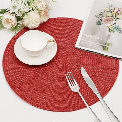 SHACOS Round Braided Placemats 15 inch Set of 4 Washable Kitchen Table Placemats for Home Wedding Party (Red, 4)