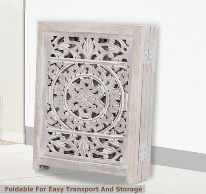 Wooden Foldable Pet Dog Safety Gate - 4 Panel 20" W x 24" H - Hand Carved Suzani Free Standing Portable Indoor Puppy Gate - Doorway Hall Stairs Dog Fence - Assembled - White Wash - IRONGATE