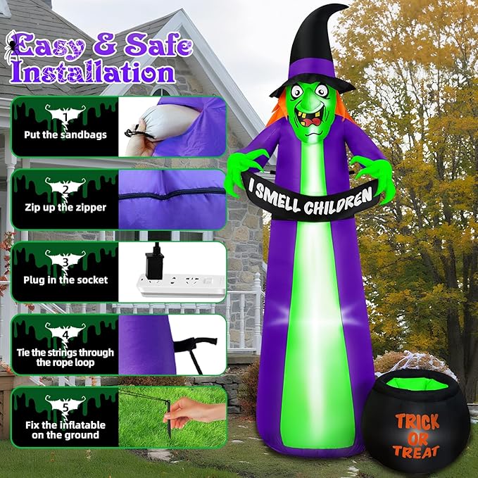 8Ft Halloween Inflatables Witch Outdoor Decorations with Candy Cauldron, Scary Blow Up Witch Holds I Smell Children Banner, Inflatable Halloween Build-in LEDs for Party Yard Lawn Garden Decor