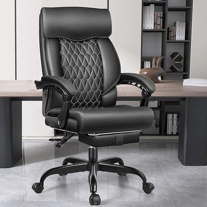 Big and Tall Executive Leather Reclining Office Chair with Footrest and Lumbar Support