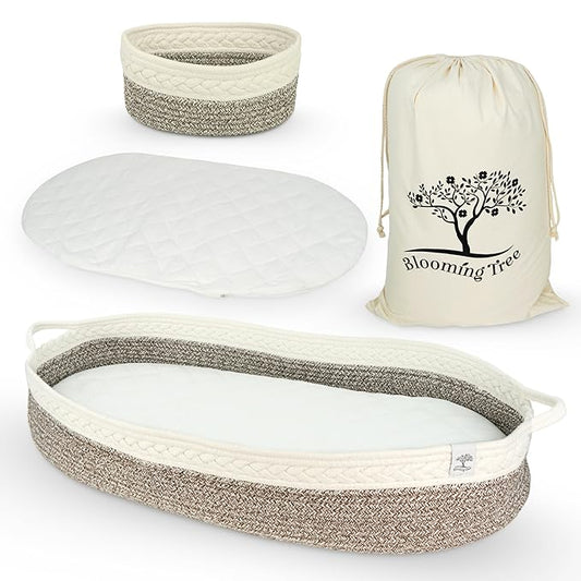 Baby Changing Basket – Boho Baby Basket for Dresser – Woven Diaper Changing Basket – 2 Water Resistant Pad Covers - Boho Nursery Decor - 100% Cotton Rope - Moses Basket - Portable Changing Station.