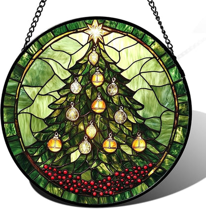 Stained Glass Window Hanging - Green Christmas Tree Golden Bells Suncatcher for Doors Home Christmas Decoration Sun Catcher Thanksgiving New Year Birthday Gift for Women Men Mom Nana 11.8 in