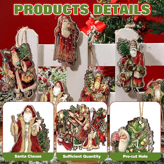 Suzile 36 Pcs Christmas Wooden Ornaments Vintage Christmas Tree Decorations Santa Claus Ornaments for Tree Wreaths Xmas Hanging Wood Cutouts Decor for Farmhouse Home Winter Holiday Party Favors