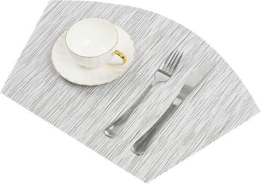 SHACOS Wedge Placemats Set of 8 Woven Vinyl Placemats for Round Table Place Mats Wipe Clean Non Slip Table Mats, Gray White