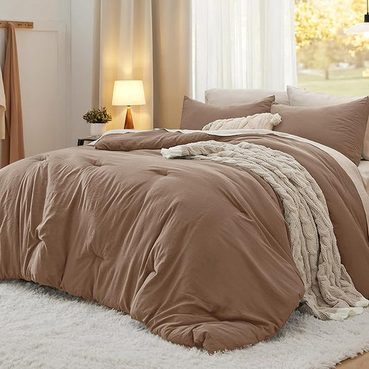 Bedsure Queen Size Comforter Set, Brown Soft Prewashed Bedding for All Seasons, 3 Pieces GentleSoft™ Warm Down Alternative Bed Set, 1 Lightweight Comforter (90"x90") and 2 Pillowcases (20"x26")