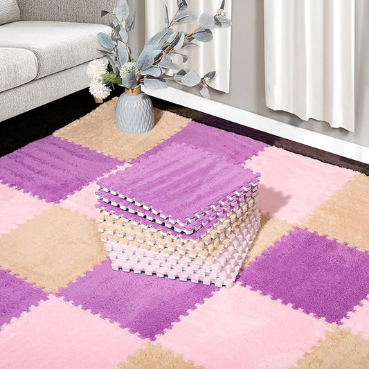 12 Pcs Plush Interlocking Carpet Tiles，Non-Toxic Foam Carpet Tiles for Toddler Baby，Machine-Washable，Anti-Slip，EVA Foam Interlocking Tiles for Floor, Nursery, Playroom，Purple,Light Brown,Pink