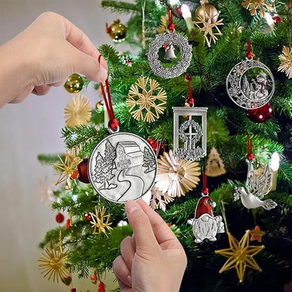 Christmas Ornaments, 2024 Solid Pewter Christmas Tree Ornament Handcrafted Metal DIY Hanging Craft Collectibles for Xmas Trees Home Party Party Gifts (Barn)
