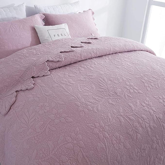 Brandream Queen Size Quilt Set Cotton Farmhouse Quilted Comforter Set Dusty Pink Vintage Matelasse Coverlet Set Antique Bedroom Set