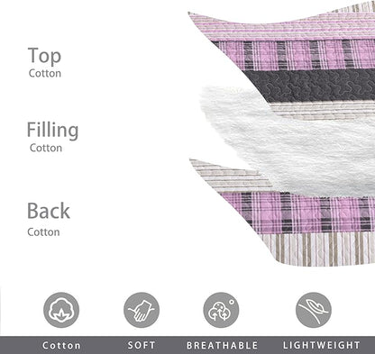Homzard Queen Comforter Set，Cotton Quilts Queen Size，Pink Black Beige Bedding，Plaid Striped Bedspread，Lightweight Reversible Coverlet All Season 3 Pieces