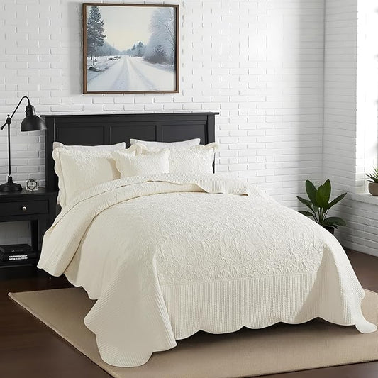 HoneiLife Oversized King Bedspreads 128x120 - California King Quilts 4-Piece, Cal King Quilt Sets,Rustic Bedding Sets King Size,Reversible Coverlets Lightweight Bedlinen Set for All Season Use-Beige