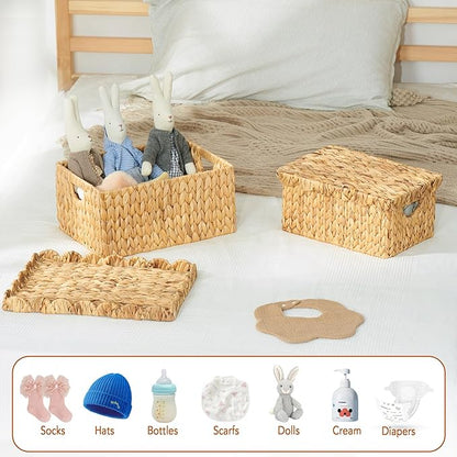 FairyHaus Wicker Basket with Lid, Scalloped Wicker Storage Basket with Removable Tray Lid, Handwoven Natural Water Hyacinth Bakests with Handles for Nursery 2Pack, 15 x 11.22 x 7 & 13 x 9.45 x 5.9