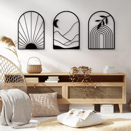 Sokurdeg Boho Metal Wall Decor Black Minimalist Line Wall Art Bohemian Wall Hanging for Bedroom Bathroom Living Room (3 Pack, 12 x 17 in)